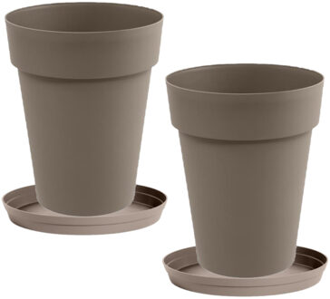 Shoppartners Set Van 2x Stuks Bloempotten Toscane Kunststof Taupe D44 X H53 Cm Inclusief Onderschalen D35 Cm - Plantenpotten