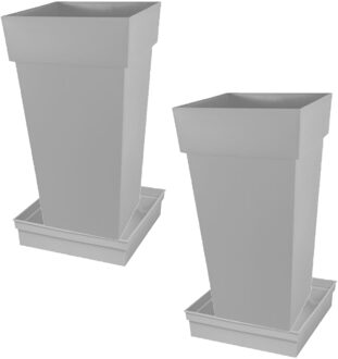 Shoppartners Set Van 2x Stuks Bloempotten Toscane Vierkant Kunststof Grijs 43 X 43 X 80 Cm Inclusief Onderschalen - Plantenpotten