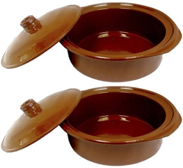 Shoppartners Set van 2x stuks tapas terracotta ovenschalen/stoofpotten cocotte met deksel 28 cm - Braadpannen Bruin