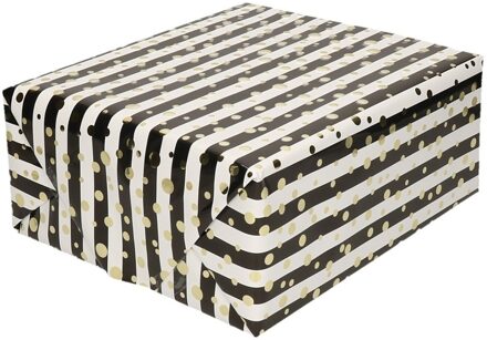 Shoppartners Set van 4x stuks gemetaliseerd inpakpapier/cadeaupapier wit/ zwarte streepjes en gouden ballen 150 x 70 cm