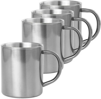 Shoppartners Set van 4x stuks koffie drinkbekers/mokken zilver metallic RVS 280 ml - Bekers Zilverkleurig