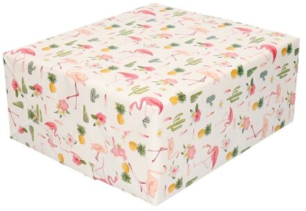 Shoppartners Set van 4x stuks roze flamingo en tropische print inpakpapier/cadeaupapier 200 x 70 cm