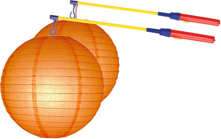 Shoppartners Sint Maarten 2x stuks oranje lampionnen 25 cm met 2x lampionstokjes