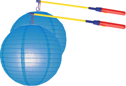 Shoppartners Sint Maarten 2x stuks setjes blauwe lampionnen 25 cm met 2x lampionstokjes