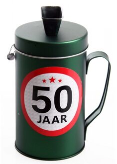 Shoppartners Spaarpot - 50 jaar geworden thema - verjaardag cadeau - Blik met sticker van 9 cm
