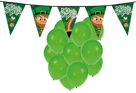 Shoppartners St. Patricks Day feestartikelen set - met 25x ballonnen groen - en 1x thema vlaggetjes slinger