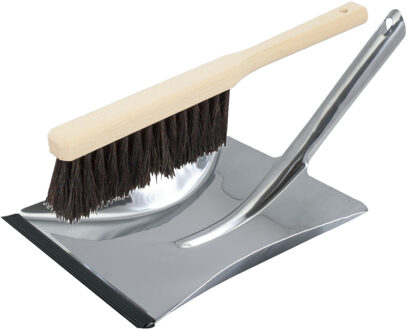 Shoppartners Stoffer en blik set - zilver blik van RVS - houten veger natuurharen - voor binnen gebruik