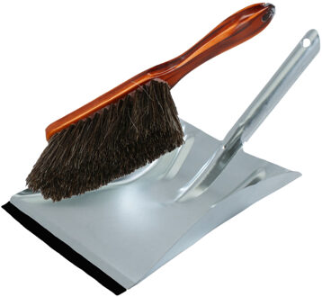 Shoppartners Stoffer en blik van verzinkt metaal/bruin gelakt hout inclusief lip voor binnen - Stoffer en blik Zilverkleurig