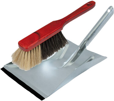 Shoppartners Stoffer en blik van verzinkt metaal/gelakt mahonie hout inclusief lip voor binnen - Stoffer en blik Zilverkleurig