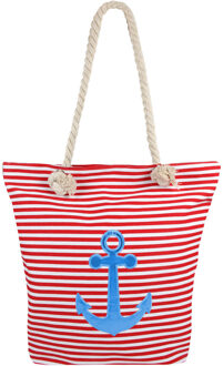 Shoppartners Strandtas strepen rood/wit met anker 34 x 37 cm - Strandtassen Multikleur