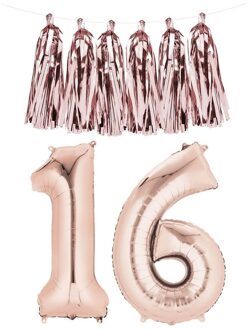 Shoppartners Sweet 16 decoratie ballonnen rosegoud met slinger