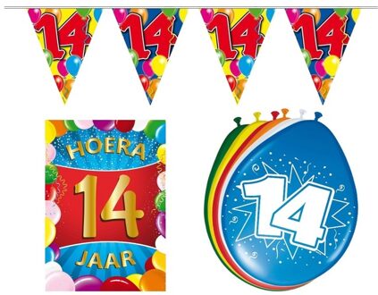 Shoppartners Versiering paket - 14 jaar - vlaggenlijnen en ballonnen - 14e verjaardag feestartikelen