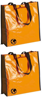 Shopper boodschappen opberg tas - 2x - oranje - 38 x 38 cm - Glimmende boodschappentassen