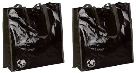 Shopper boodschappen opberg tas - 2x - zwart - 38 x 38 cm - Glimmende boodschappentassen