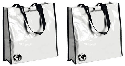 Shopper boodschappen opberg tas - 3x - wit - 38 x 38 cm - Glimmende boodschappentassen