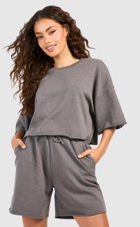 Short Sleeve Crop Sweatshirt And Short Set, Charcoal - XL