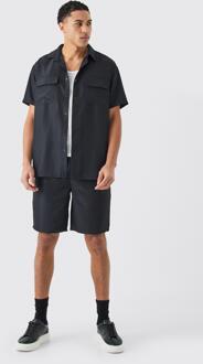 Short Sleeve Soft Twill Overshirt And Short Set, Black - M