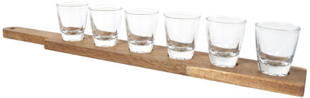 Shotglazen / shotglaasjeshouder - met 6 glaasjes - 8 cm per glas - 42 x 6 cm - hout