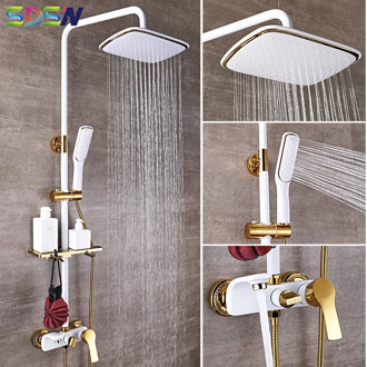 Shower Set SDSN White Gold Bathroom Shower System Quality Copper Brass Bathtub Faucet Rainfall Shower Head Spa Bath Shower Sets