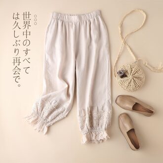 Shuchan Vrouwen Bottoms Broek Linnen Elastische Taille Kalf-Lengte Broek Lounge Wear Vrouwen Nachtkleding Broek Beige