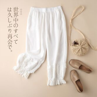Shuchan Vrouwen Bottoms Broek Linnen Elastische Taille Kalf-Lengte Broek Lounge Wear Vrouwen Nachtkleding Broek wit