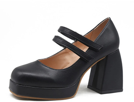 Siddons Black Leather Women Pumps Round Toe Mary Janes Ladies Party Wedding Shoes Woman Chunky High Heels Ladies Platform Pumps