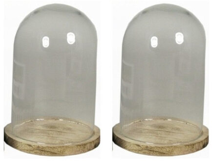 Sier stolp op houten plateau - 2x - decoratie stolp - 22 cm - Home Deco stolpen