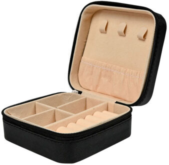 Sieraden/bijouterie kistje - 9 x 9 x 5 - zwart - juwelenkistje met rits - vakjes indeling
