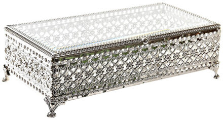 Sieradenkistje met glitters - 25 x 12 x 7 cm - Zilver - Juwelenkistje met spiegel - 1-vaks