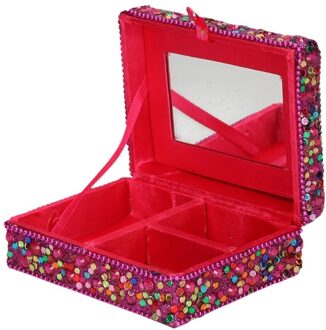 Sieradenkistje met glitters - 8 x 10 x 4 cm - Fuchsia - Juwelenkistje met spiegel - 3-vaks - meisjes - Sieradendozen Roze