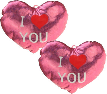 Sierkussen - 2x - Roze - 14 cm - glimmend - hart I Love You - Valentijn