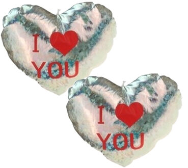 Sierkussen - 2x - zilver - 14 cm - glimmend - hart I Love You - Valentijn