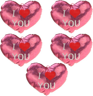 Sierkussen - 5x - Roze - 14 cm - glimmend - hart I Love You - Valentijn