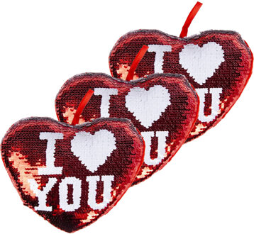 Sierkussen hartje - 3x - 20 cm - rood pailletten - i love you - valentijnsdag