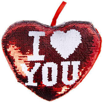 Sierkussen hartje I Love You rood metallic met draaibare pailletten 20 cm - Sierkussens