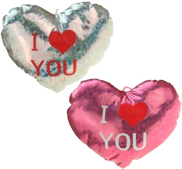 Sierkussens - roze/zilver - 14 cm - glimmend - hart - Valentijn