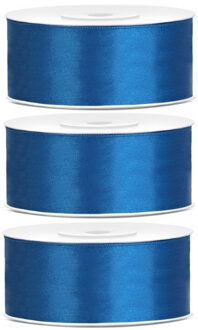 Sierlint satijn - 3x - Blauw - 2.5 cm/25 mm x 25 meter - Cadeaulint satijnlint/sierlinten - Hobby