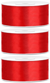 Sierlint satijn - 3x - Rood - 2.5 cm/25 mm x 25 meter - Cadeaulint satijnlint/sierlinten - Hobby
