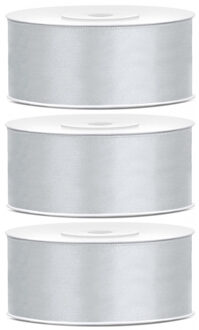 Sierlint satijn - 3x - Zilver - 2.5 cm/25 mm x 25 meter - Cadeaulint satijnlint/sierlinten - Hobby