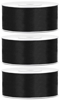 Sierlint satijn - 3x - Zwart - 2.5 cm/25 mm x 25 meter - Cadeaulint satijnlint/sierlinten - Hobby