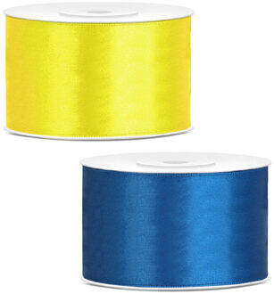 Sierlinten/cadeaulinten/satijnen linten - Set 2x stuks - geel en blauw - 38 mm x 25 meter