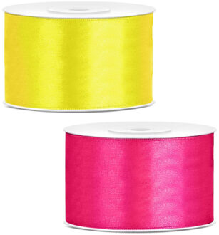 Sierlinten/cadeaulinten/satijnen linten - Set 2x stuks - geel en fuchsia roze - 38 mm x 25 meter