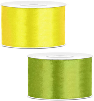 Sierlinten/cadeaulinten/satijnen linten - Set 2x stuks - geel en groen - 38 mm x 25 meter