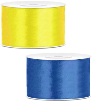 Sierlinten/cadeaulinten/satijnen linten - Set 2x stuks - geel en kobalt blauw - 38 mm x 25 meter