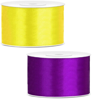 Sierlinten/cadeaulinten/satijnen linten - Set 2x stuks - geel en paars - 38 mm x 25 meter