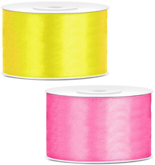 Sierlinten/cadeaulinten/satijnen linten - Set 2x stuks - geel en roze - 38 mm x 25 meter
