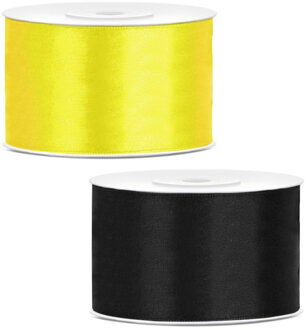 Sierlinten/cadeaulinten/satijnen linten - Set 2x stuks - geel en zwart - 38 mm x 25 meter