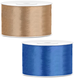 Sierlinten/cadeaulinten/satijnen linten - Set 2x stuks - goud en blauw - 38 mm x 25 meter