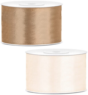 Sierlinten/cadeaulinten/satijnen linten - Set 2x stuks - goud en creme wit - 38 mm x 25 meter