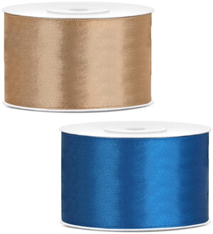 Sierlinten/cadeaulinten/satijnen linten - Set 2x stuks - goud en donkerblauw - 38 mm x 25 meter
